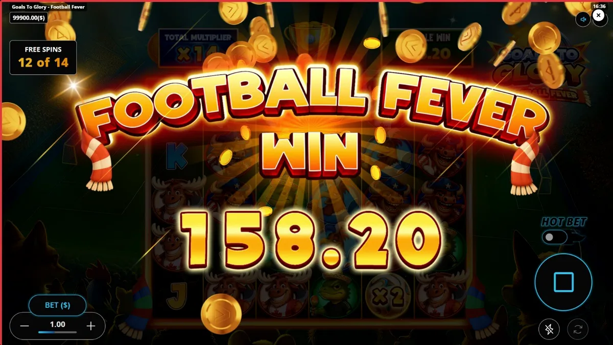 Interface do jogo de slot Goals to Glory Football Fever com animais jogadores